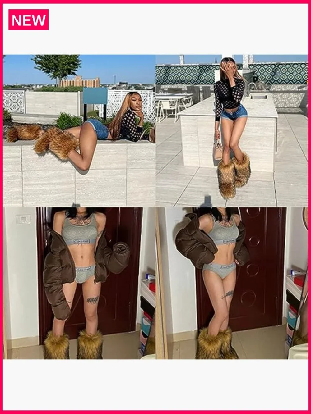 Fur Boots for Women Winter Fluffy Furry Flat Heel Snow Boots, 8 Wide